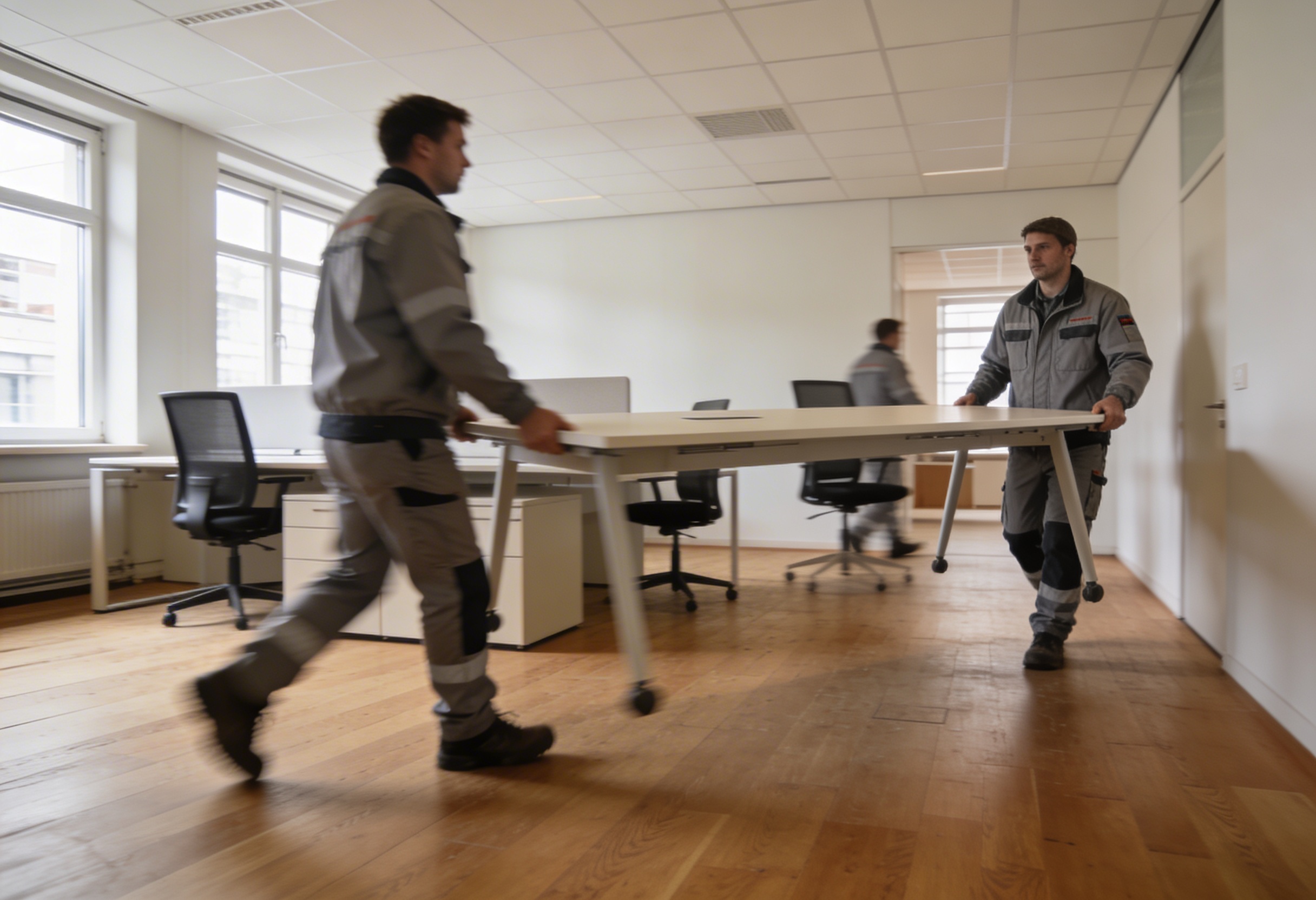 zwei m nner in arbeitskleidung tragen einen gro en schreibtisch in ein b ro mit 